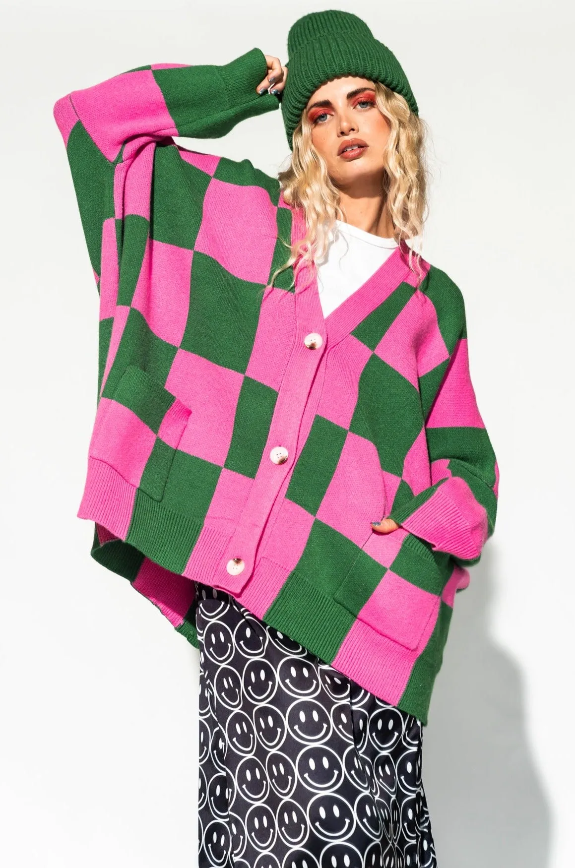 Love You Oversized Checkerboard Cardigan in Watermelon sold by Dressed In Lala