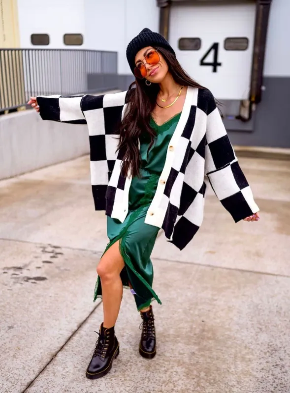 Love You Oversized Checkerboard Cardigan in Black + White sold by Dressed In Lala
