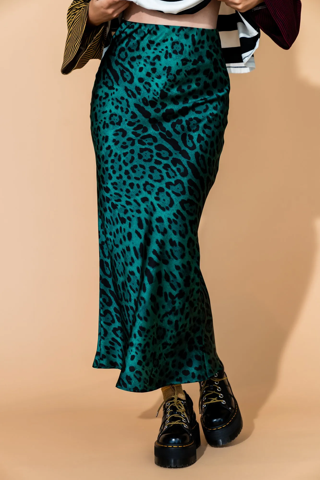 Supernova Bias Satin Skirt in Emerald Leopard *RESTOCKED* sold by Dressed In Lala