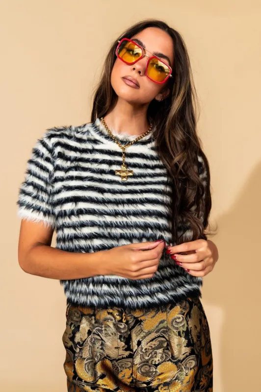 Be Proud Of Yourself Fuzzy Knit Top in Black + White sold by Dressed In Lala