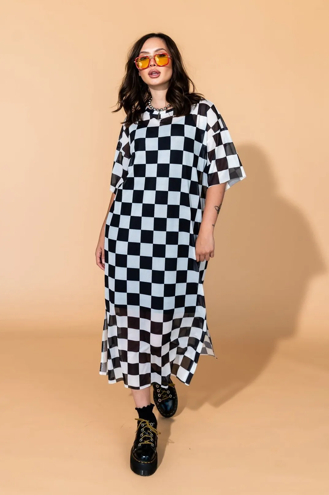 Karma Oversized Mesh Dress + Slip in Checkerboard sold by Dressed In Lala
