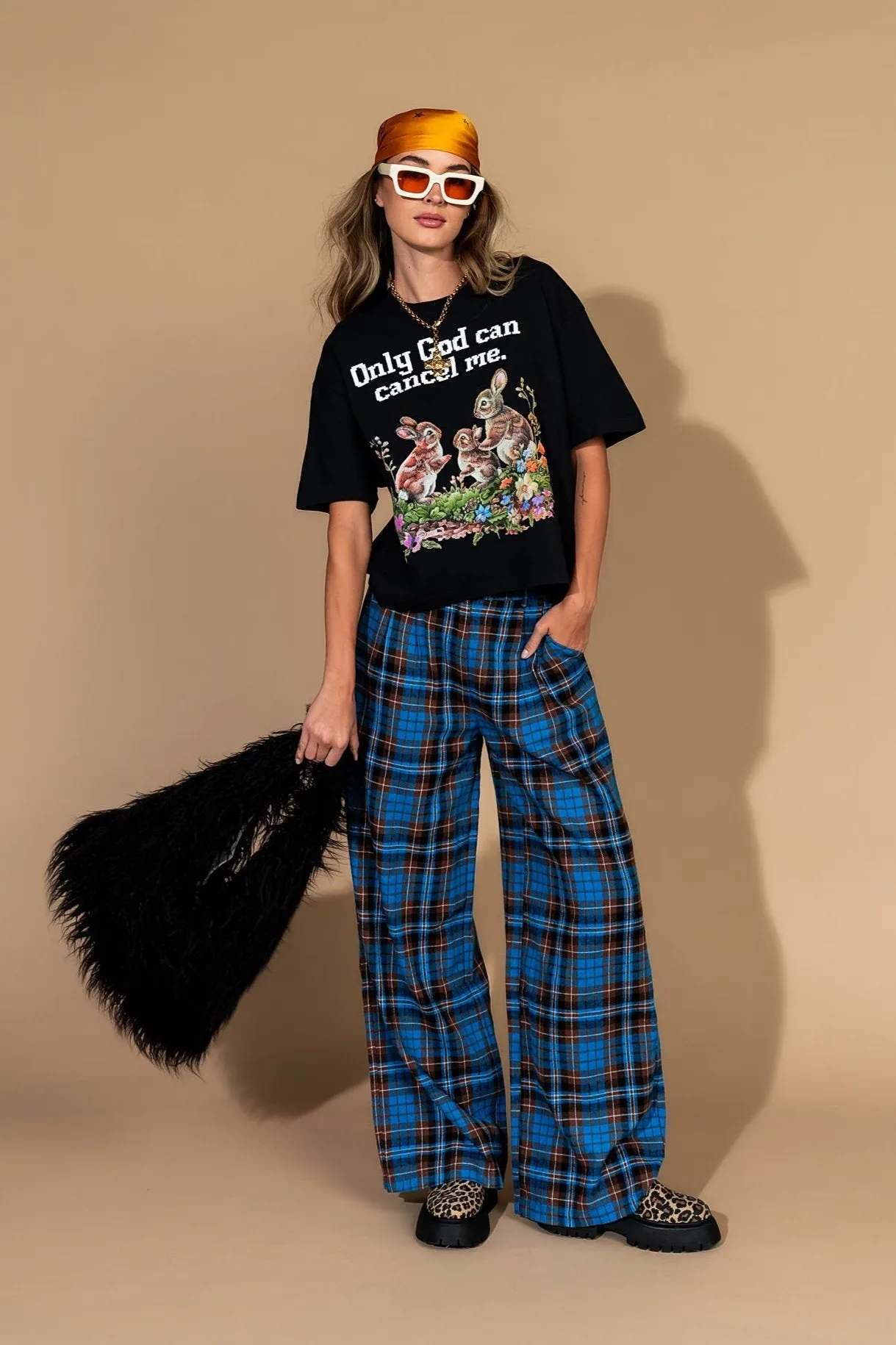Rebel Road Plaid Wide Leg Trousers in Blue + Brown sold by Dressed In Lala