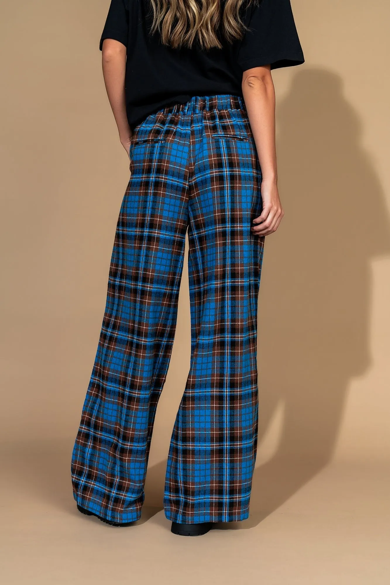 Rebel Road Plaid Wide Leg Trousers in Blue + Brown sold by Dressed In Lala product image thumbnail 5