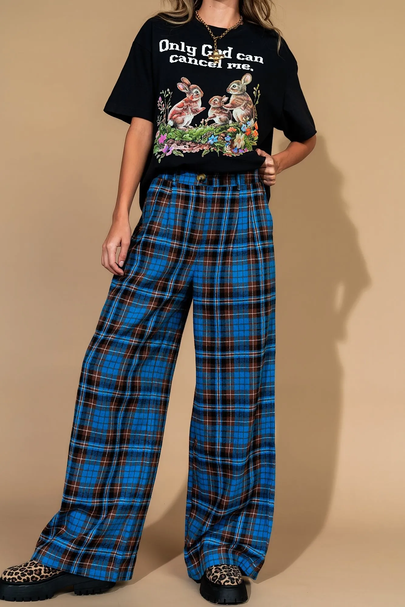 Rebel Road Plaid Wide Leg Trousers in Blue + Brown sold by Dressed In Lala product image thumbnail 2