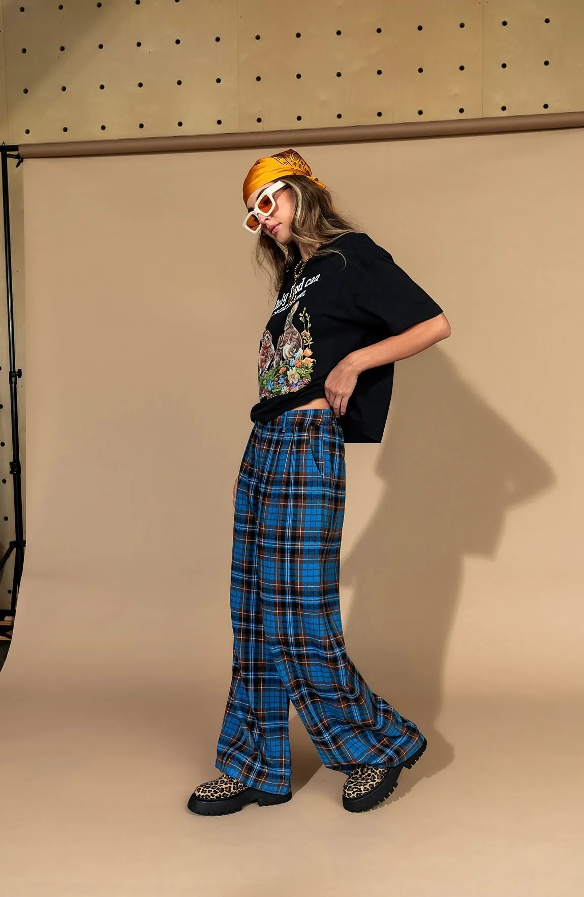 Rebel Road Plaid Wide Leg Trousers in Blue + Brown sold by Dressed In Lala product image thumbnail 3