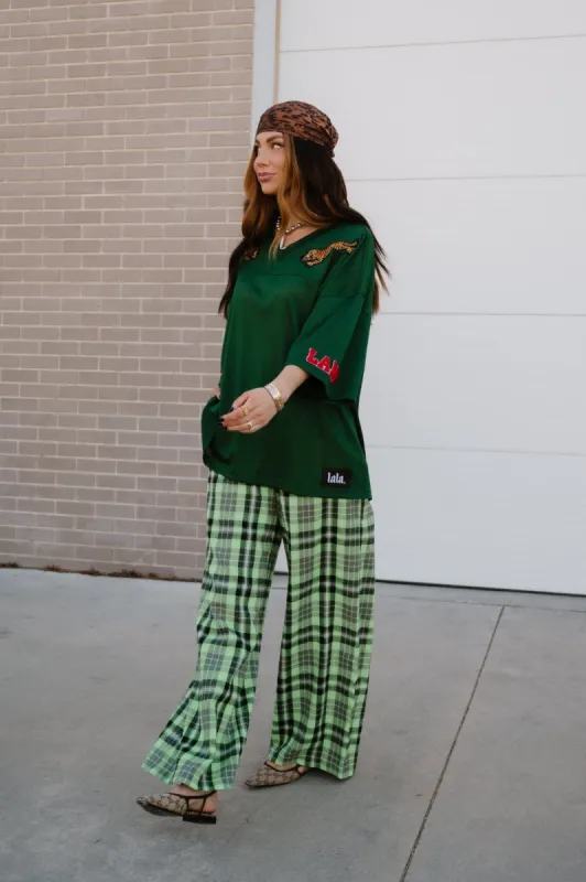 Rebel Road Plaid Wide Leg Trousers in Lime sold by Dressed In Lala