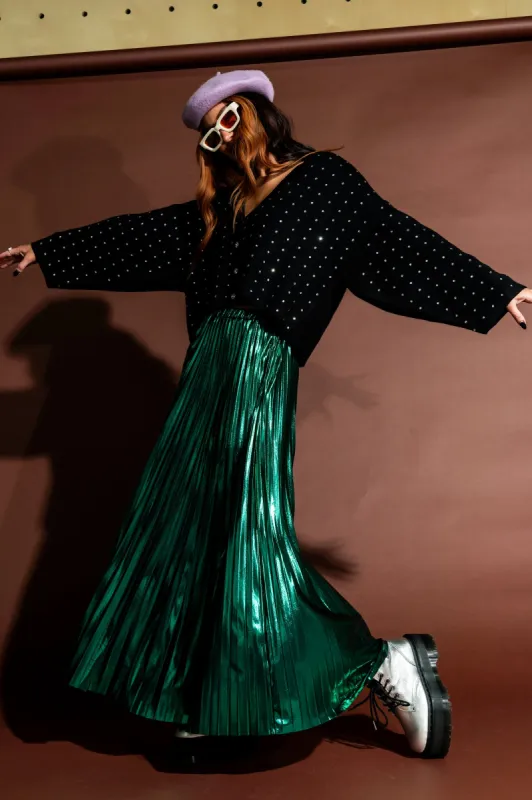 Metallic Pleated Midi Skirt in Emerald Green sold by Dressed In Lala