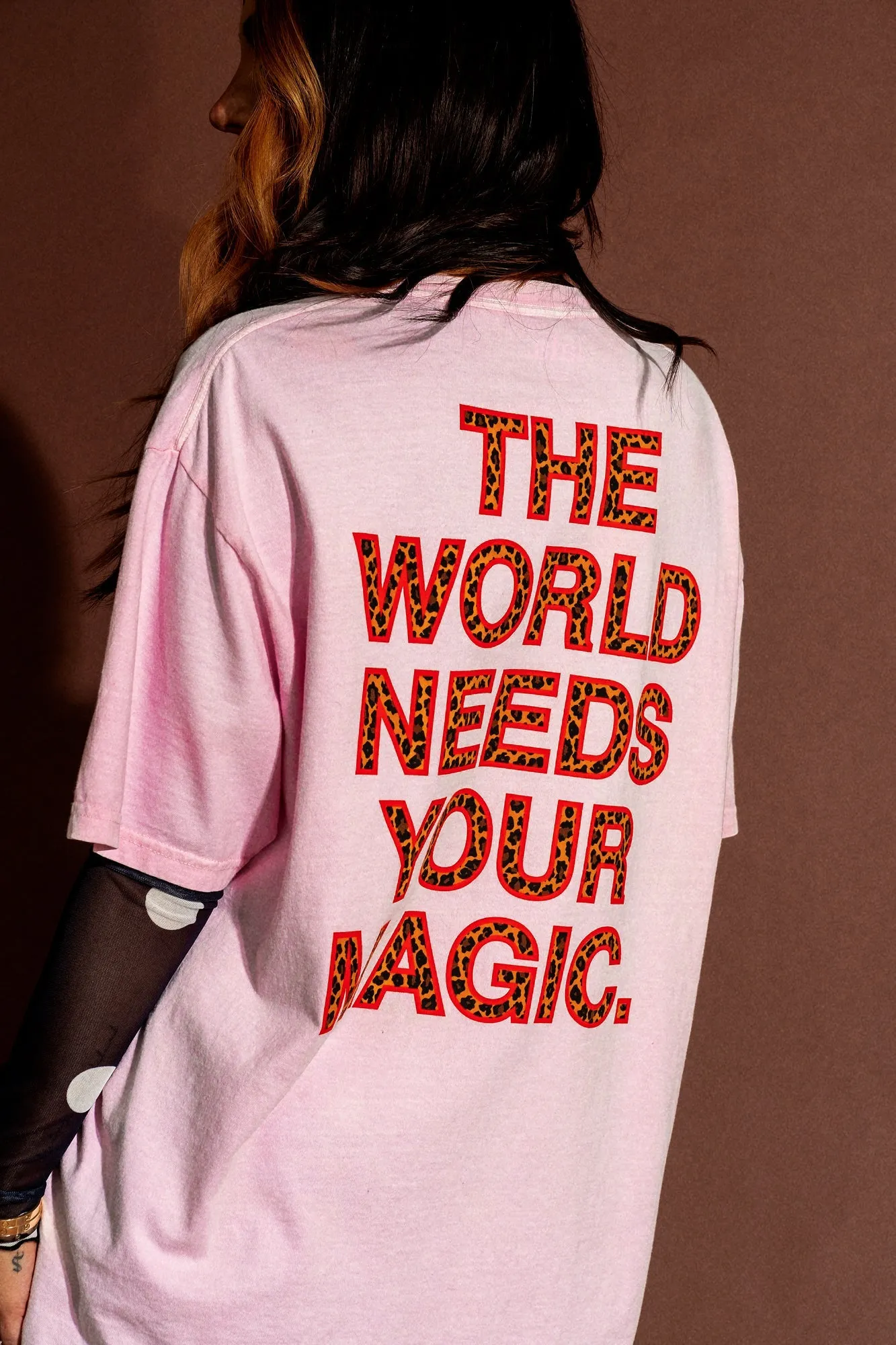 The World Needs Your Magic Oversized Leopard Tee in Pink sold by Dressed In Lala product image thumbnail 2
