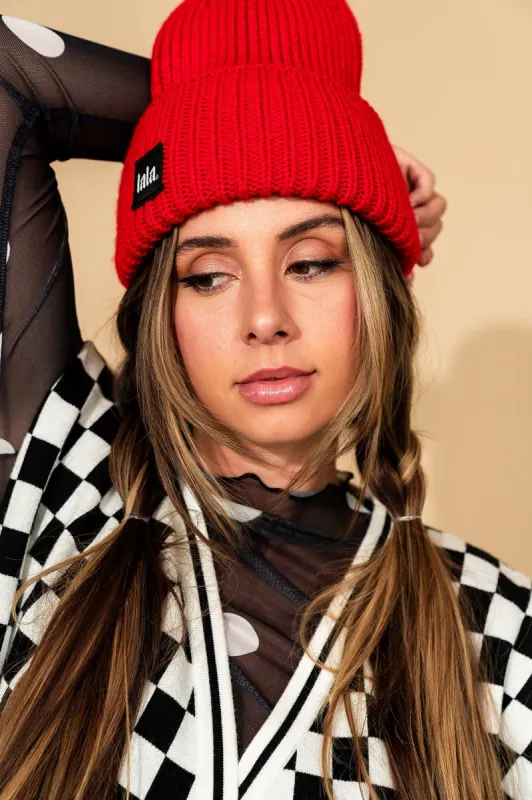 Grunge Chic Label Beanie in Cherry Red sold by Dressed In Lala