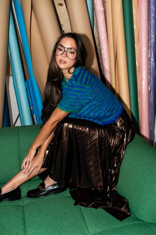 Metallic Pleated Midi Skirt in Mocha Mousse sold by Dressed In Lala