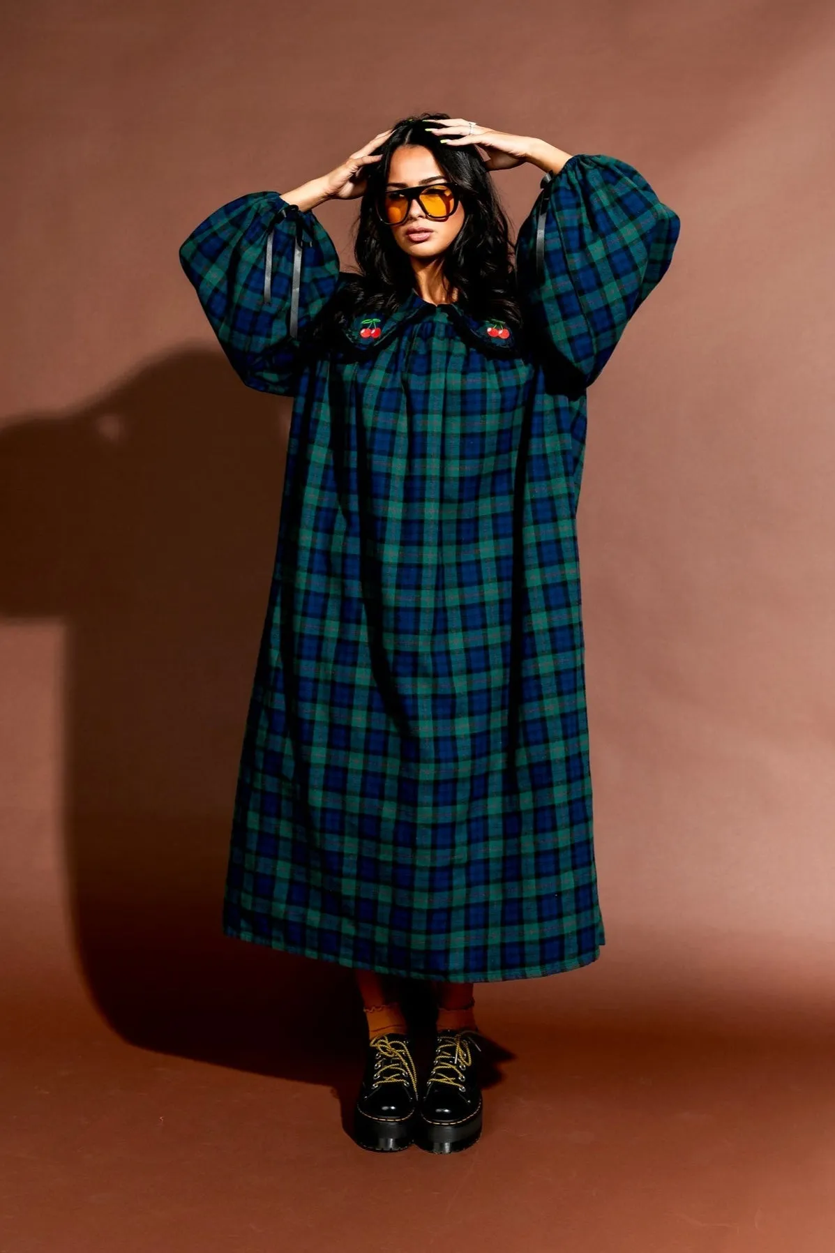 Magic Maker Maxi Dress in Grunge Girl Green Plaid + Cherries sold by Dressed In Lala product image thumbnail 2