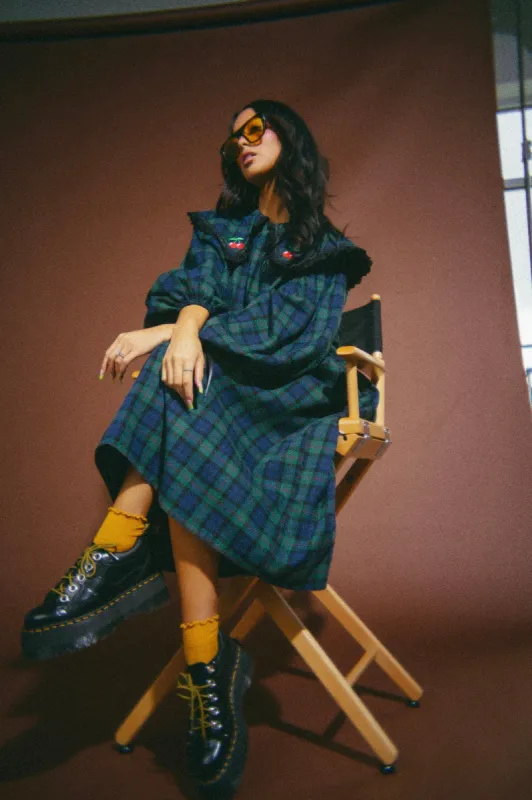 Magic Maker Maxi Dress in Grunge Girl Green Plaid + Cherries sold by Dressed In Lala