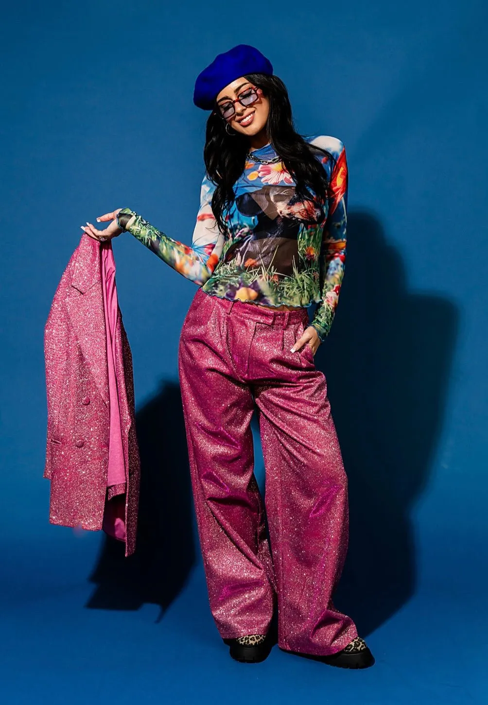 To The Disco Sparkle Wide Leg Trouser in Pink sold by Dressed In Lala product image thumbnail 4