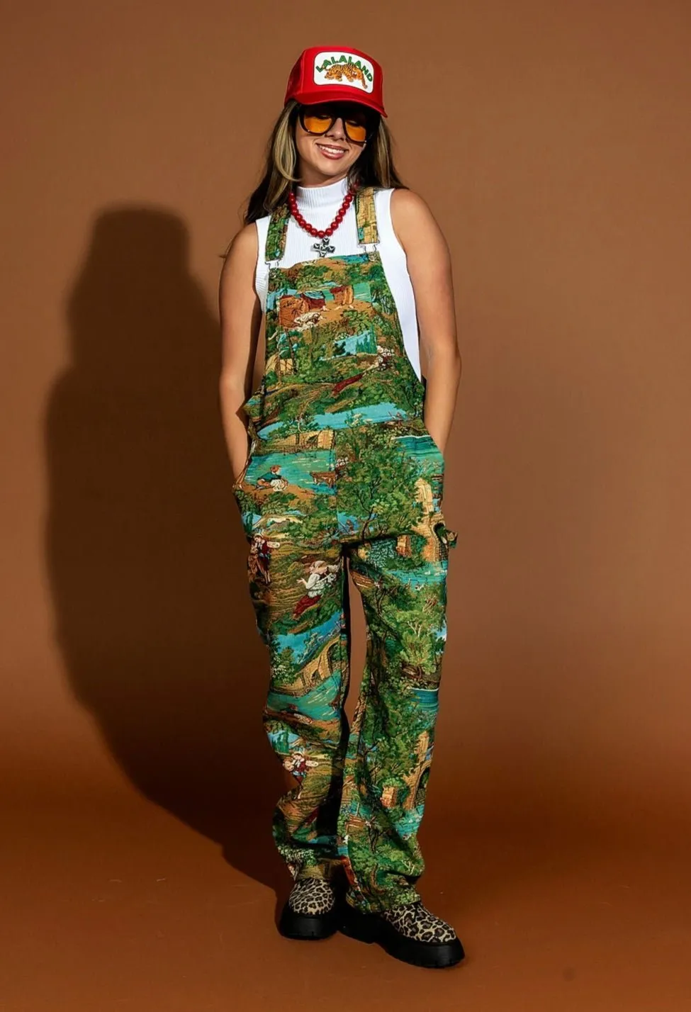 Grandma's Couch Jacquard Overalls in Grass is Greener sold by Dressed In Lala