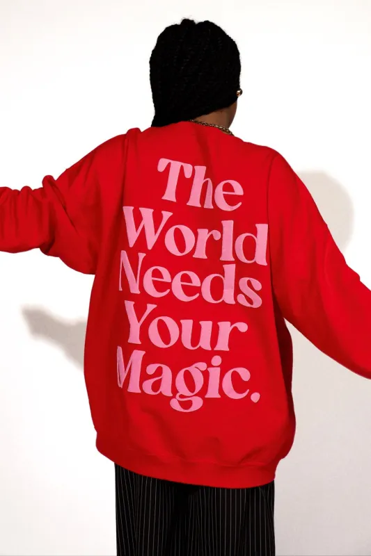 The World Needs Your Magic Oversized Pullover in Red + Pink sold by Dressed In Lala