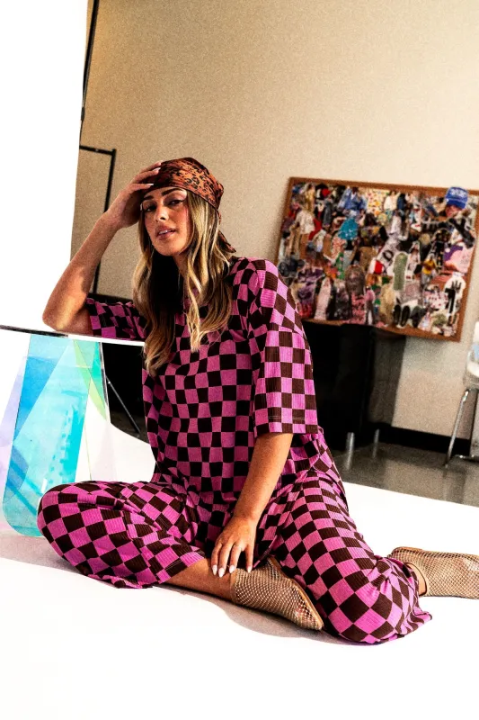 Lex Ribbed Checkerboard Playsuit in Sunset Boulevard sold by Dressed In Lala