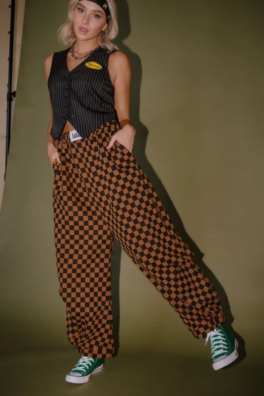 Rocky Harem Pants in Caramel + Black Checkerboard sold by Dressed In Lala
