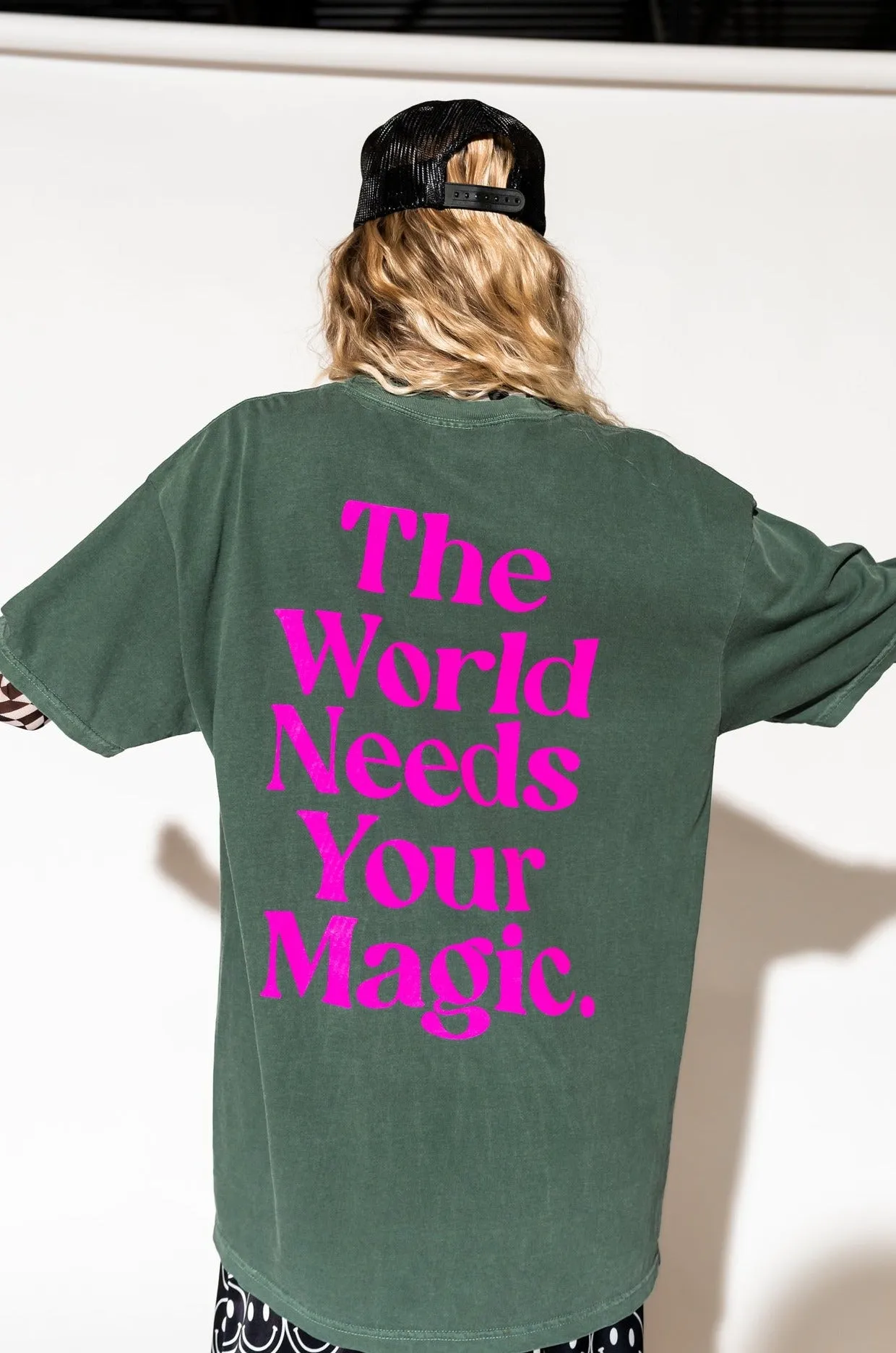 The World Needs Your Magic Oversized Tee in Jade + Pink sold by Dressed In Lala