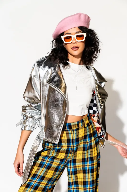 Vegan Leather Metallic Moto Jacket in Silver sold by Dressed In Lala