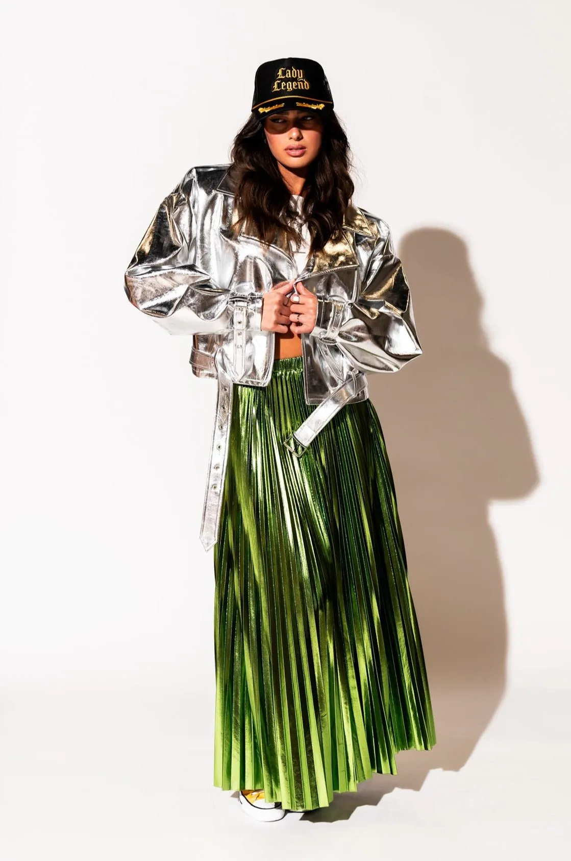 Vegan Leather Metallic Moto Jacket in Silver sold by Dressed In Lala product image thumbnail 2