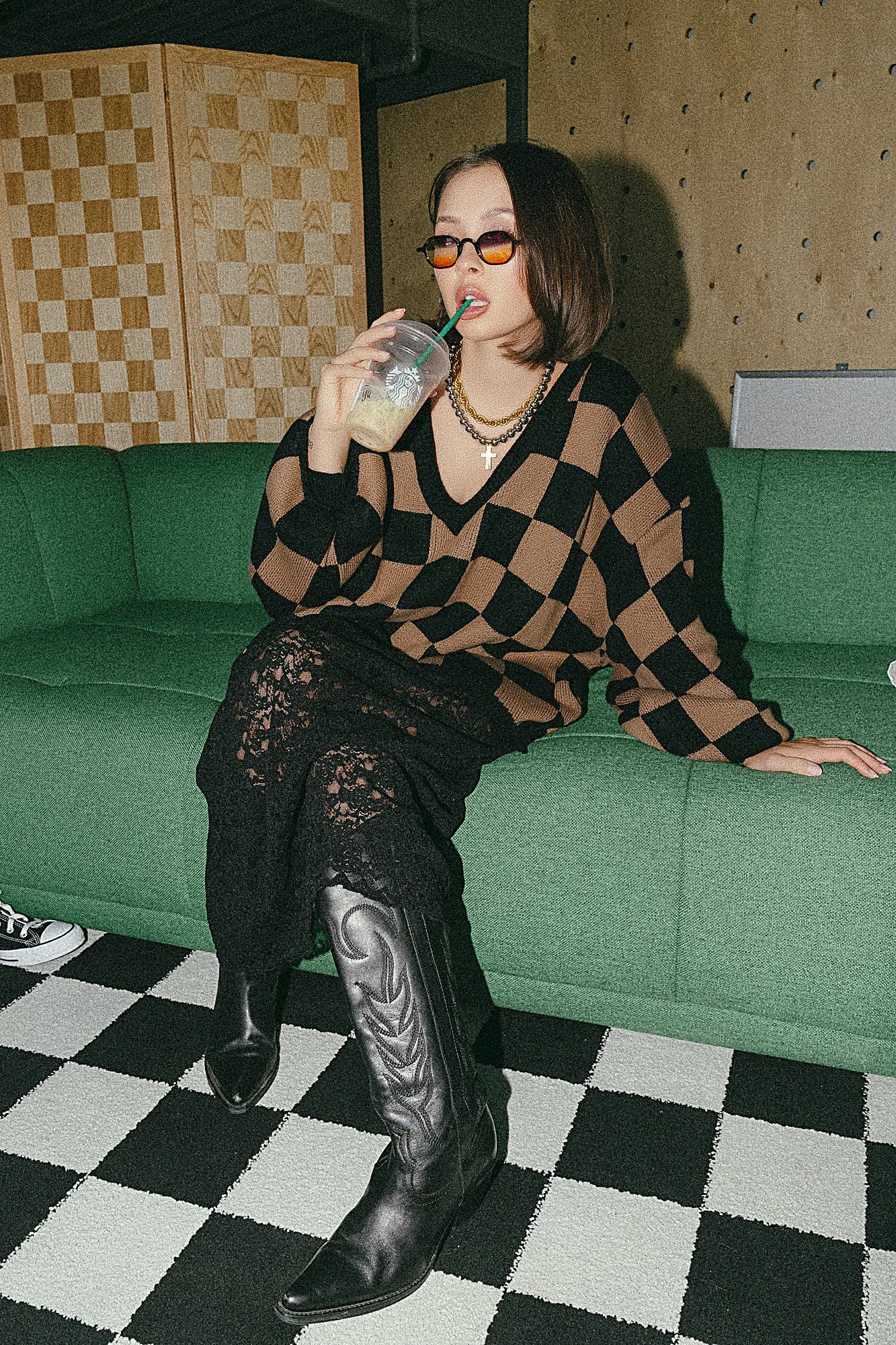 So Money Oversized Checkerboard Knit in Black + Mocha sold by Dressed In Lala
