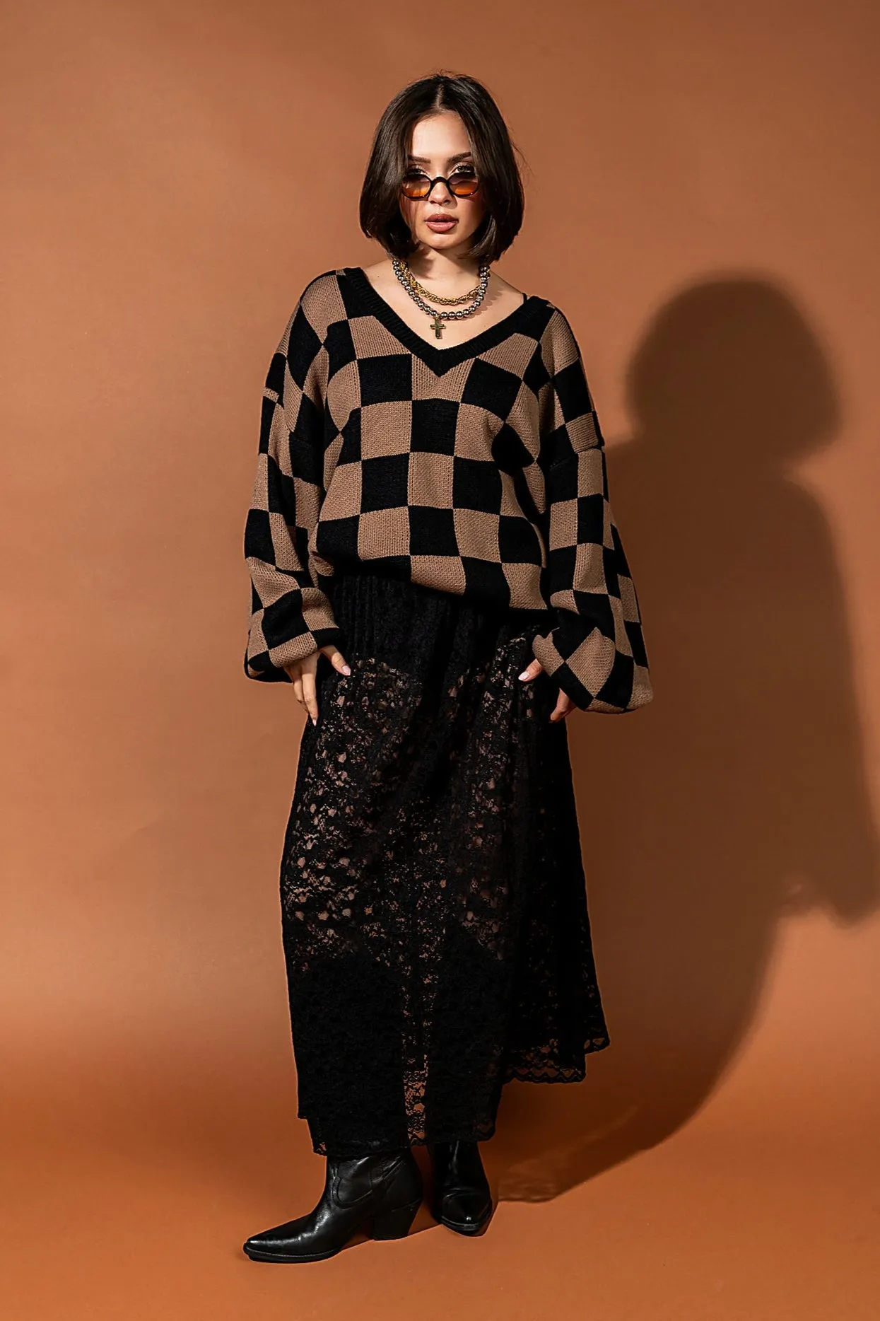 So Money Oversized Checkerboard Knit in Black + Mocha sold by Dressed In Lala product image thumbnail 2