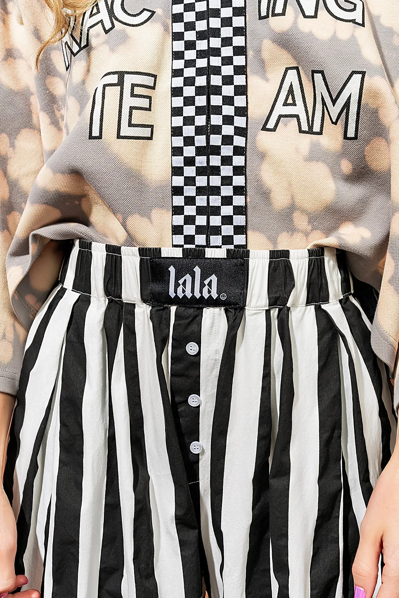 Happy Chance Barrel Leg Boxer Pants in Black + White Stripes sold by Dressed In Lala product image thumbnail 3
