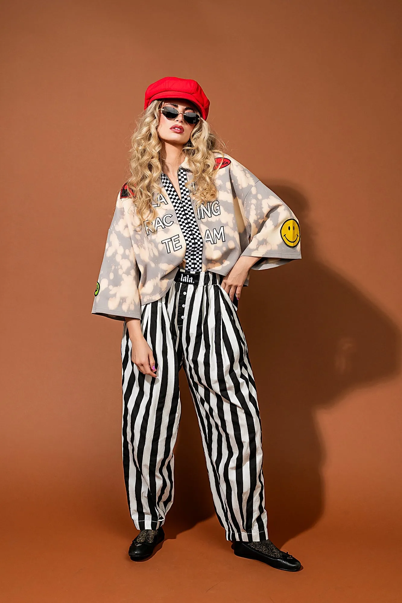 Happy Chance Barrel Leg Boxer Pants in Black + White Stripes sold by Dressed In Lala