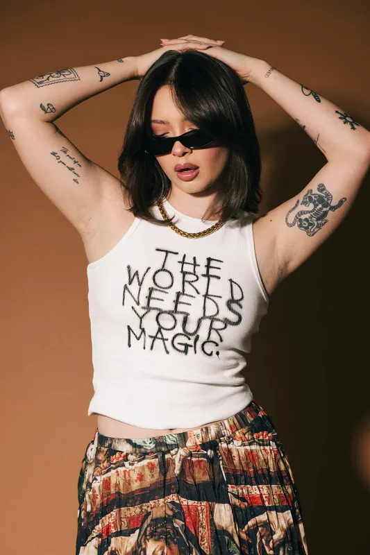 The World Needs Your Magic Graffiti Tank in White made by Dressed In Lala