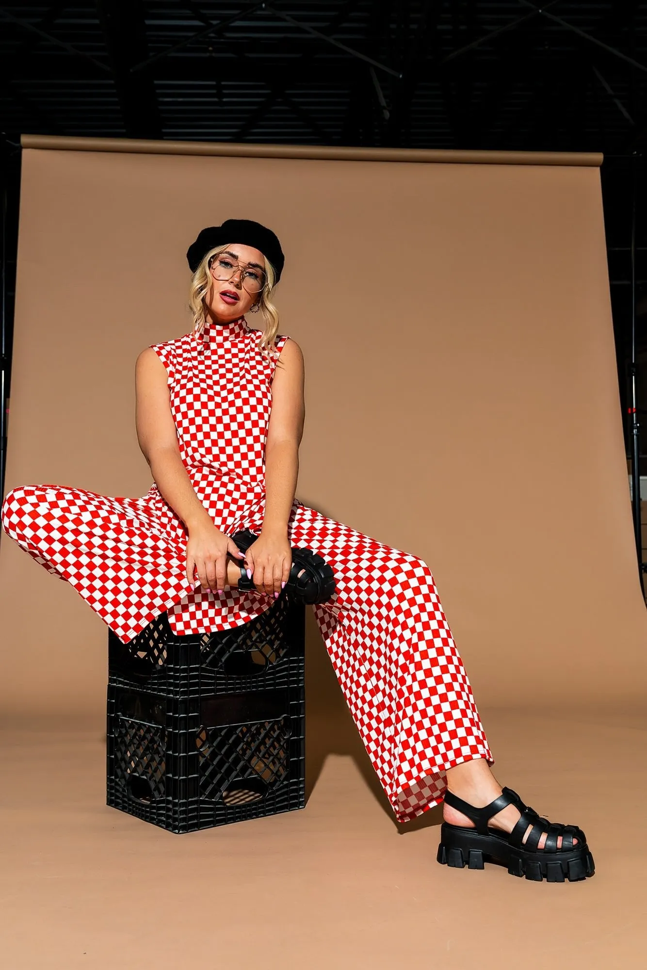 Gigi Sleeveless Ribbed Playsuit in Retro Red Check sold by Dressed In Lala product image thumbnail 3