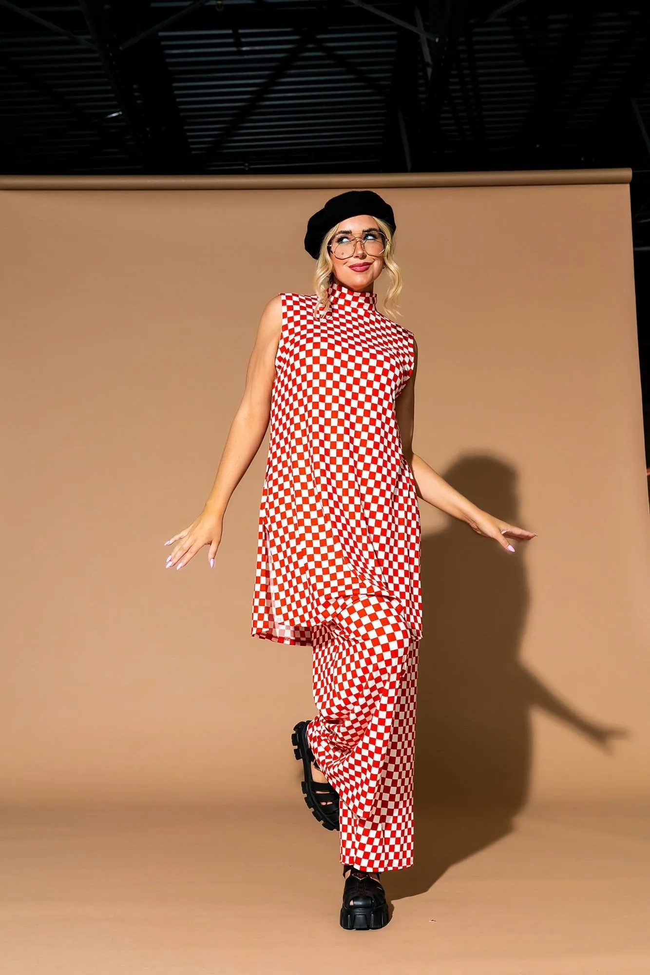 Gigi Sleeveless Ribbed Playsuit in Retro Red Check sold by Dressed In Lala product image thumbnail 4