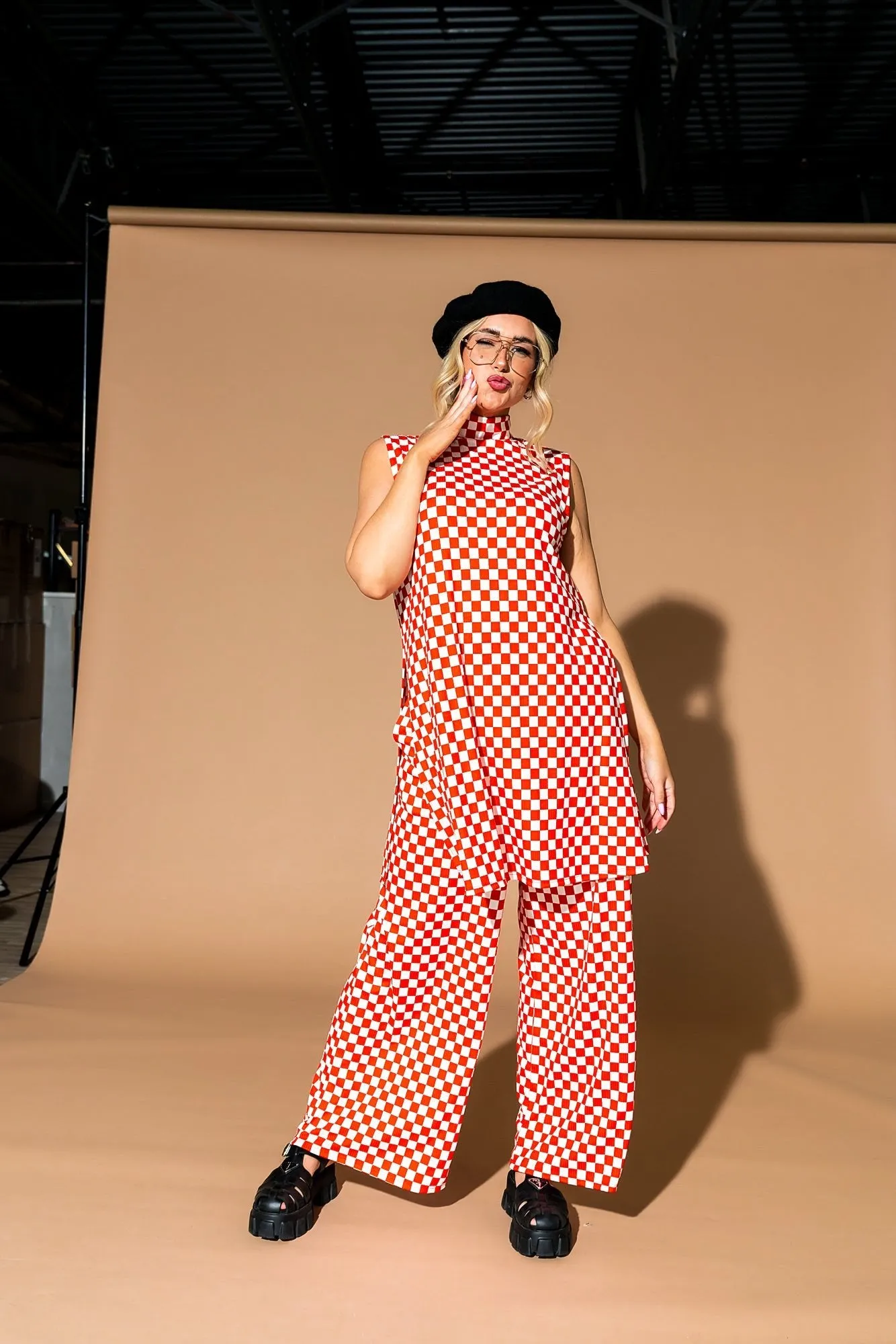 Gigi Sleeveless Ribbed Playsuit in Retro Red Check sold by Dressed In Lala product image thumbnail 2
