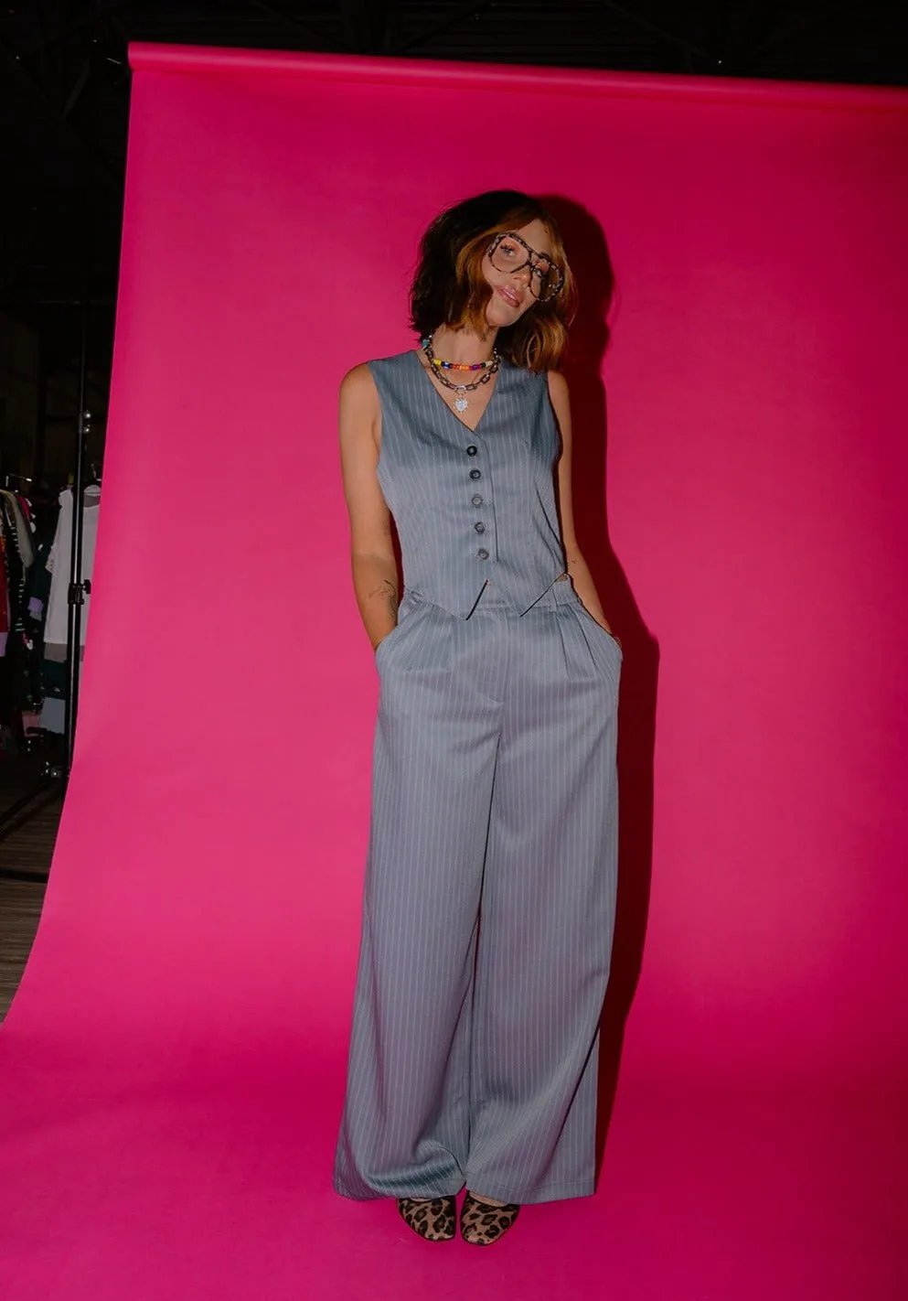 Wide Leg Trousers in Grey Boss B*tch Pinstripe sold by Dressed In Lala product image thumbnail 3