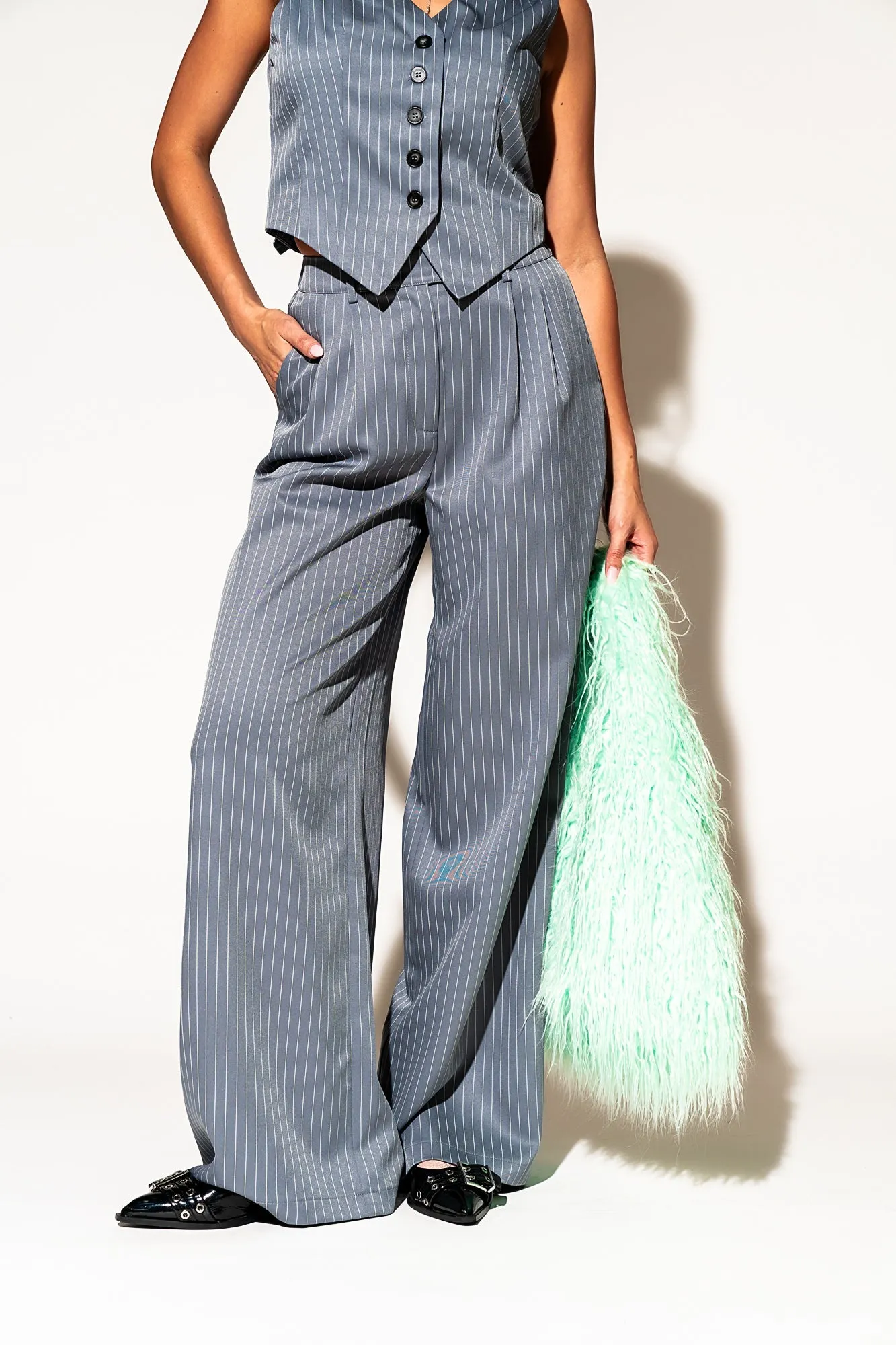 Wide Leg Trousers in Grey Boss B*tch Pinstripe sold by Dressed In Lala product image thumbnail 4