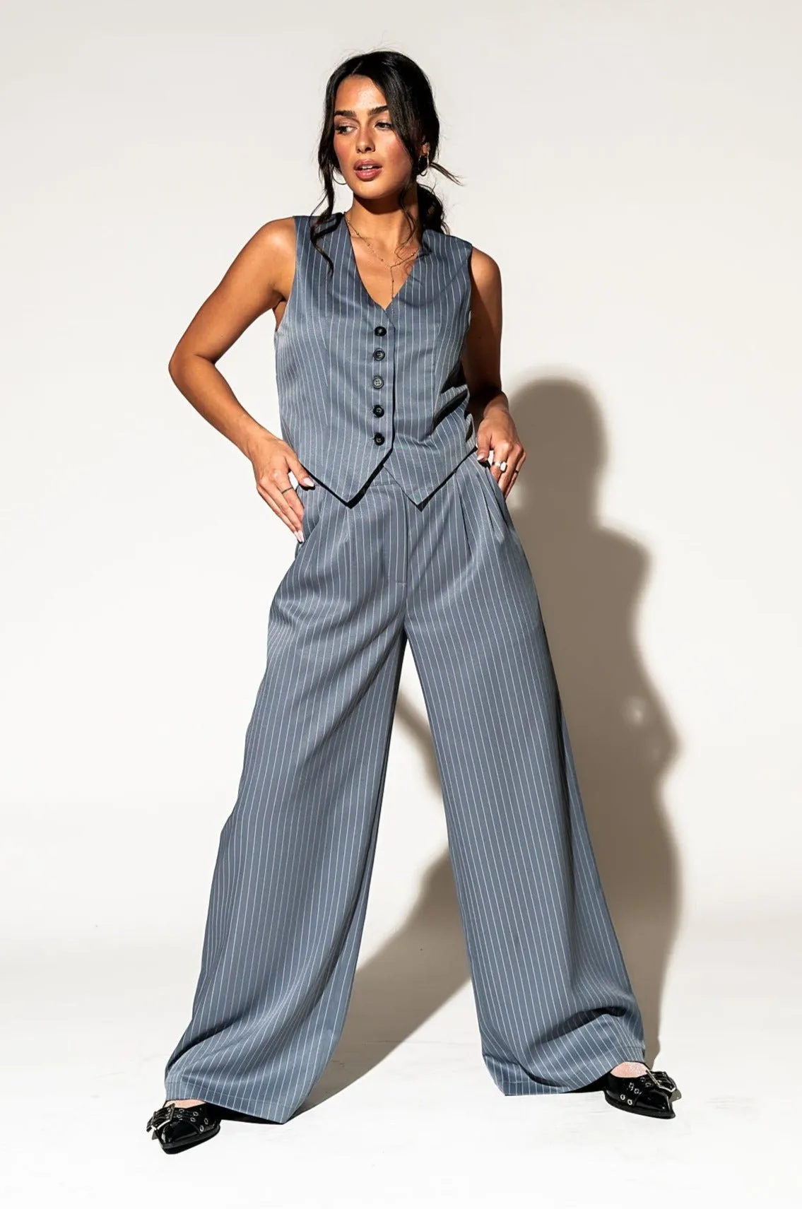 Wide Leg Trousers in Grey Boss B*tch Pinstripe sold by Dressed In Lala product image thumbnail 5