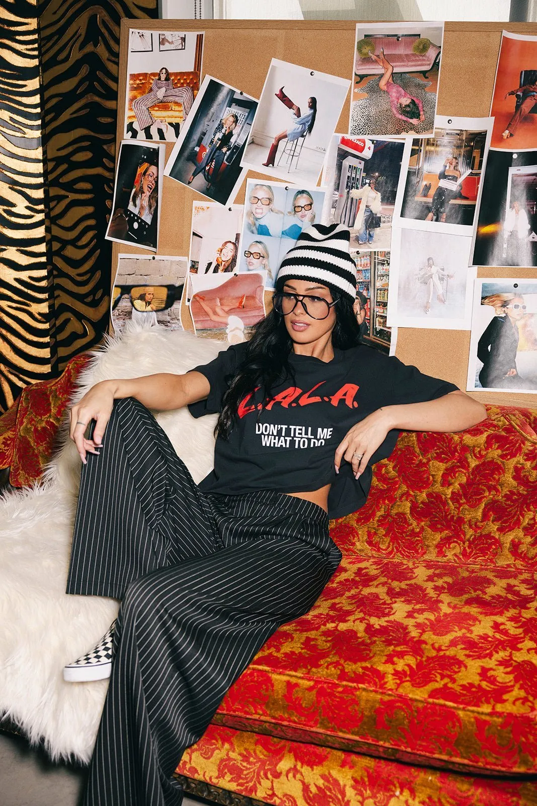 Wide Leg Trousers in Black Boss B*tch Pinstripe *RESTOCKED* sold by Dressed In Lala product image thumbnail 4