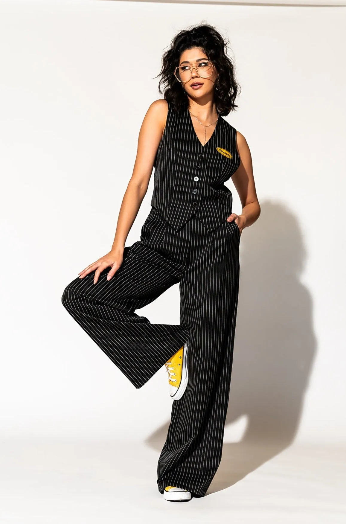 Wide Leg Trousers in Black Boss B*tch Pinstripe *RESTOCKED* sold by Dressed In Lala product image thumbnail 3