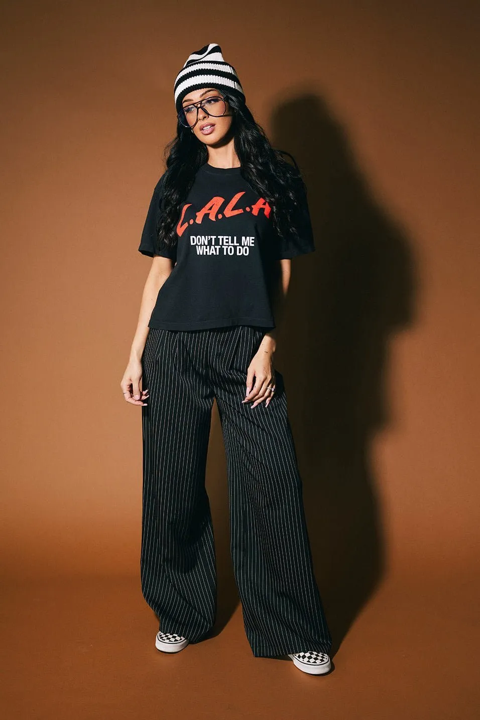 Wide Leg Trousers in Black Boss B*tch Pinstripe *RESTOCKED* sold by Dressed In Lala product image thumbnail 2