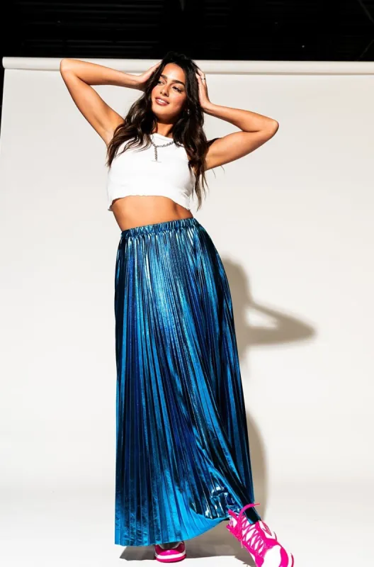 Metallic Pleated Midi Skirt in Blue Raspberry sold by Dressed In Lala