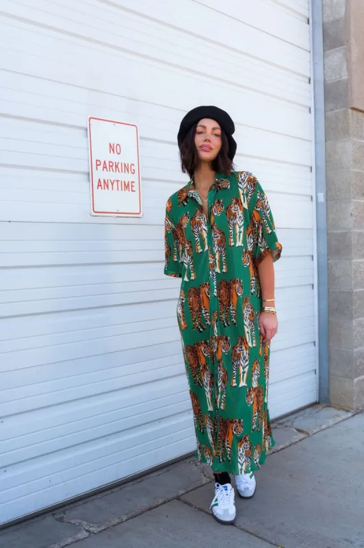 So Far So Good Oversized Plissé Dress in Tiger Tales sold by Dressed In Lala