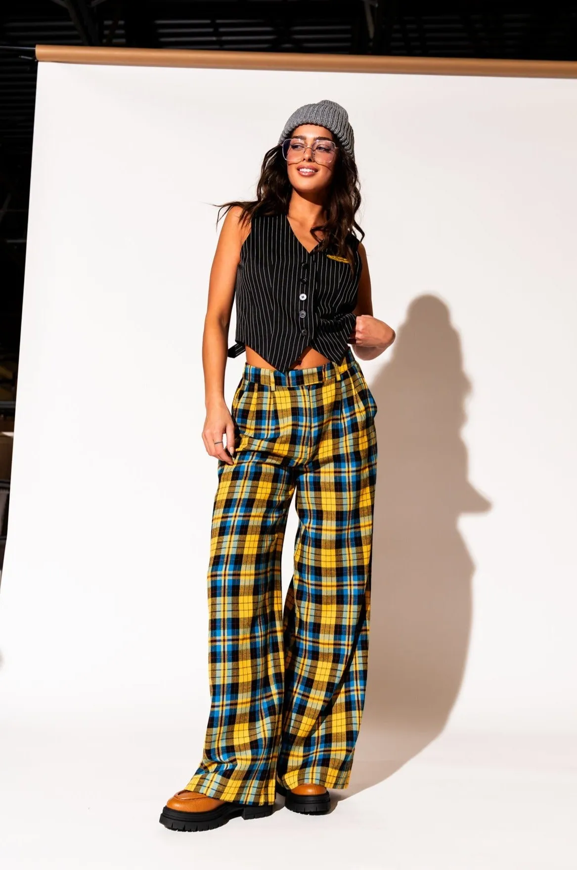 Lovers Lane Plaid Wide Leg Trousers in Yellow sold by Dressed In Lala
