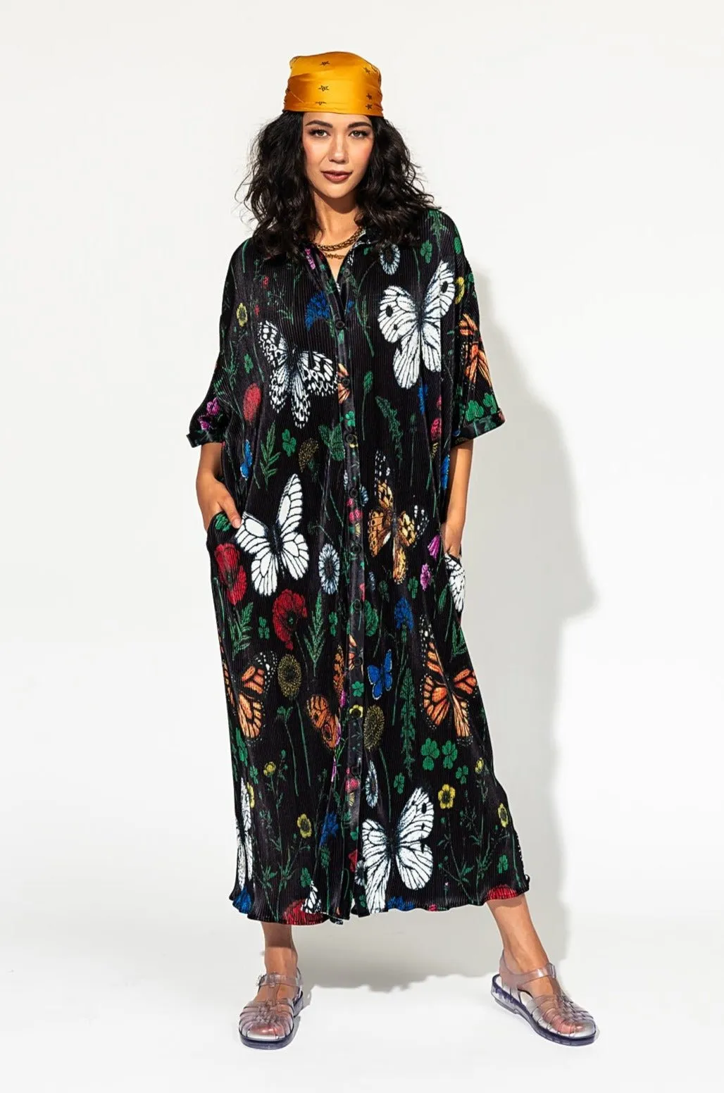 So Far So Good Oversized Plissé Dress in Folklore Florals sold by Dressed In Lala