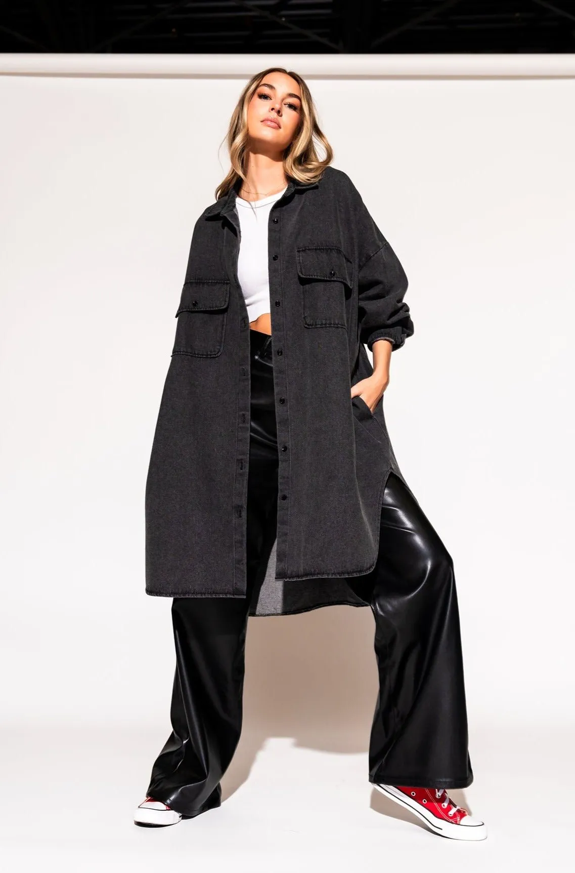 Betty Denim Grunge Shirt Jacket in Black sold by Dressed In Lala