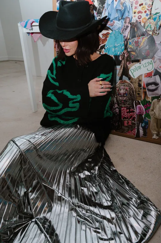 Metallic Pleated Midi Skirt in Sterling Silver sold by Dressed In Lala