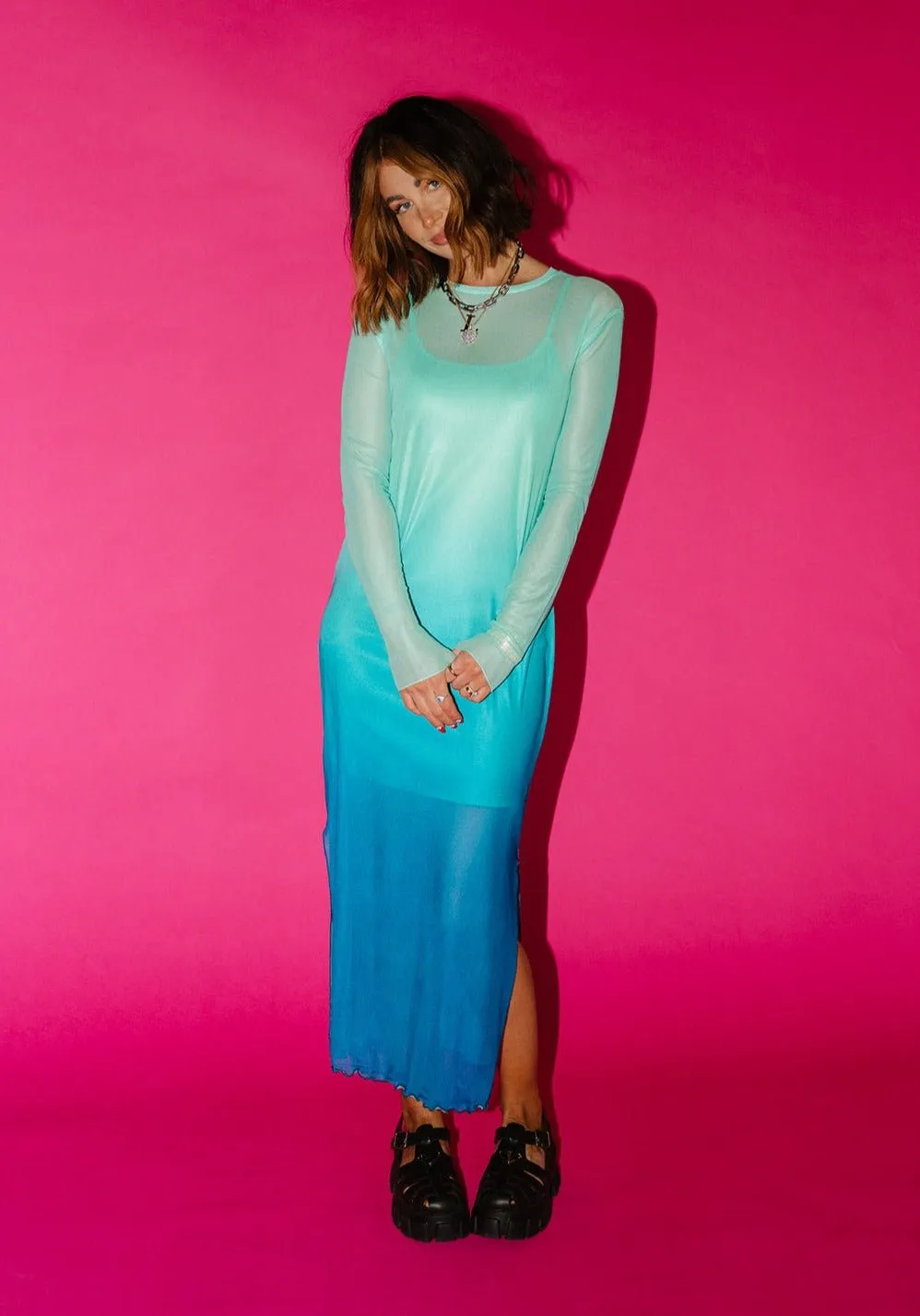Mad About You Long Sleeve Mesh Dress in Mermaid Ombre sold by Dressed In Lala product image thumbnail 3