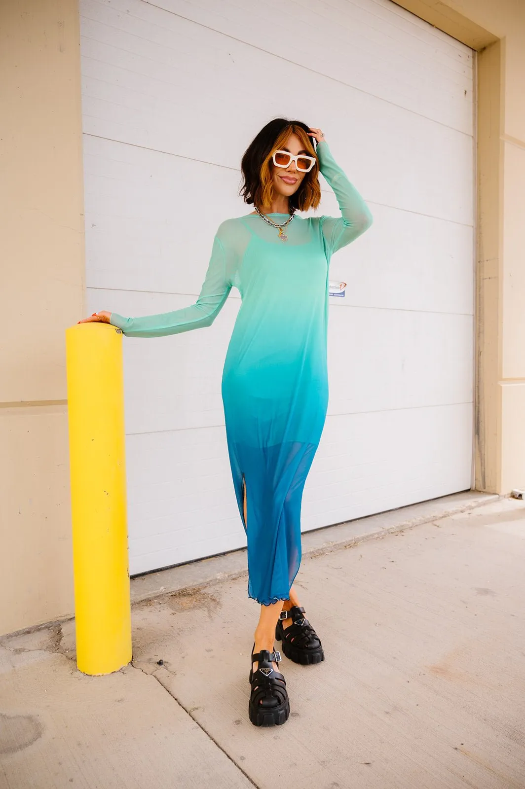 Mad About You Long Sleeve Mesh Dress in Mermaid Ombre sold by Dressed In Lala