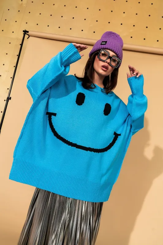 Serotonin Smile Oversized Knit in Blue sold by Dressed In Lala