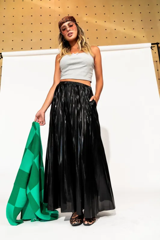 Metallic Pleated Midi Skirt in Midnight Black sold by Dressed In Lala