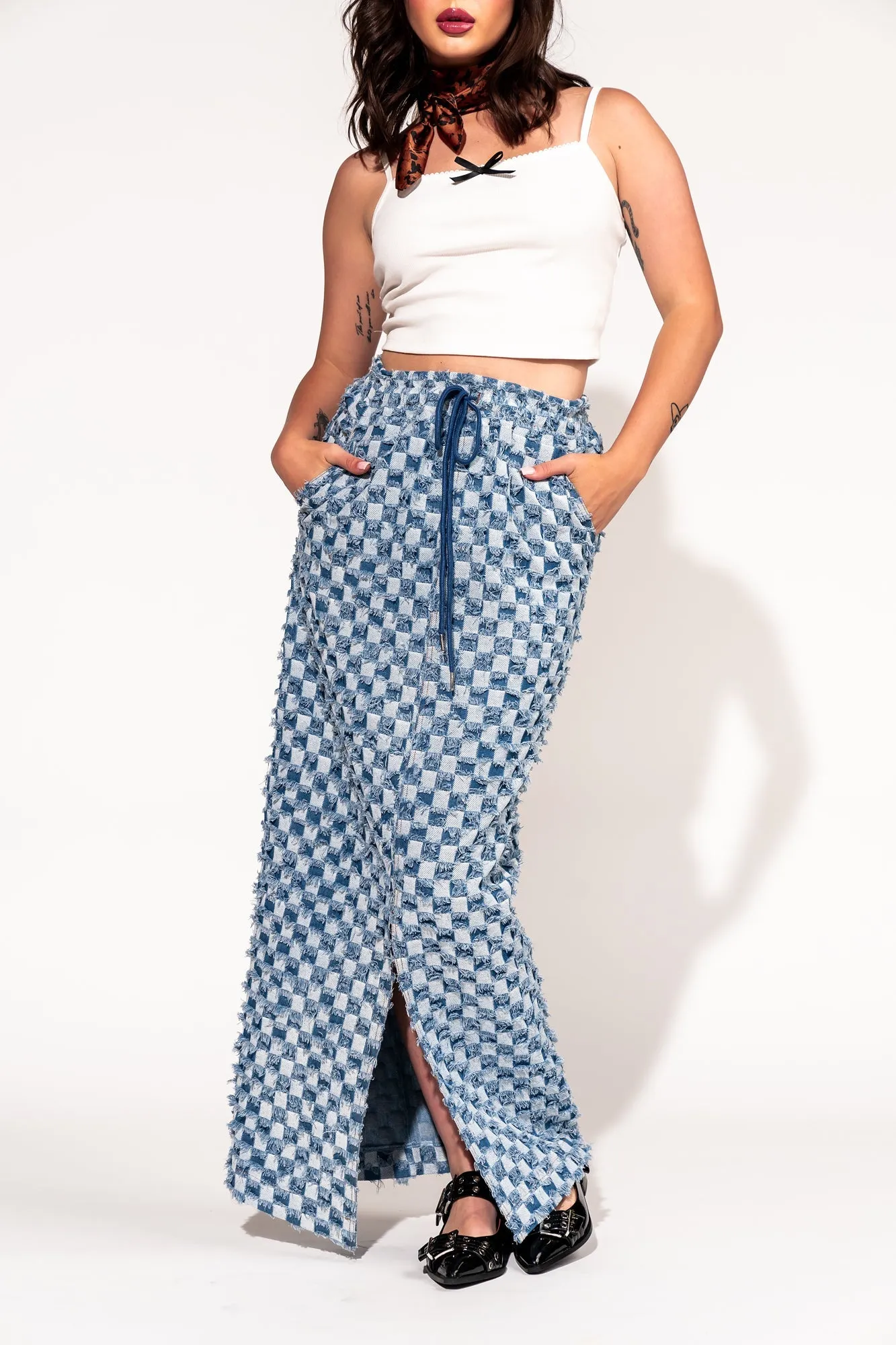 Check Mate Textured Denim Maxi Skirt sold by Dressed In Lala