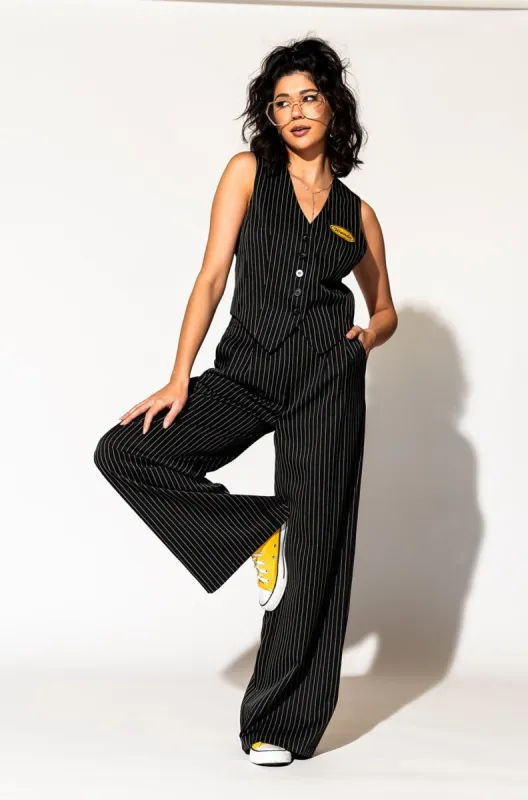 Wide Leg Trousers in Boss B*tch Pinstripe (Black) sold by Dressed In Lala